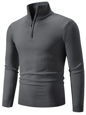 Men's gray slim fit quarter zip sweater with ribbed collar and cuffs