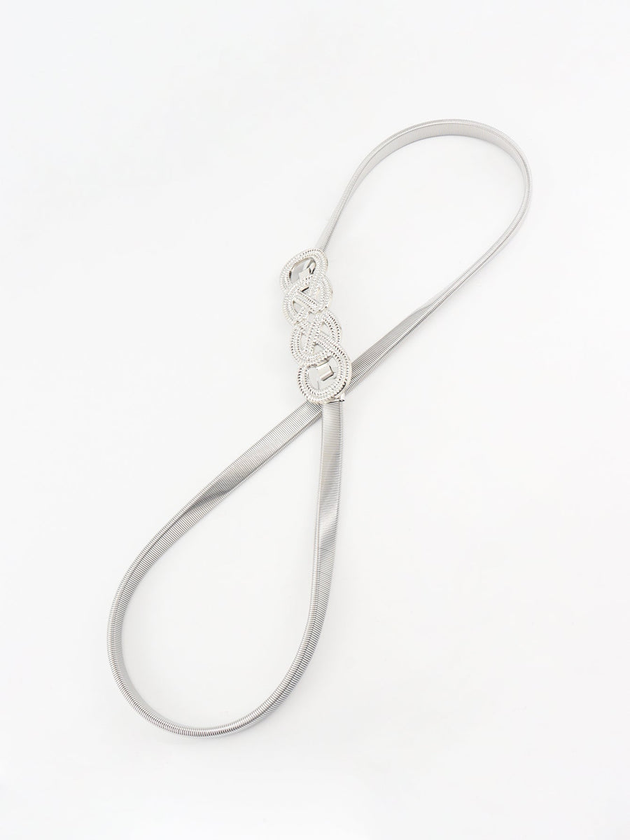 Silver intertwined knot elastic waist belt with a flexible metallic band.
