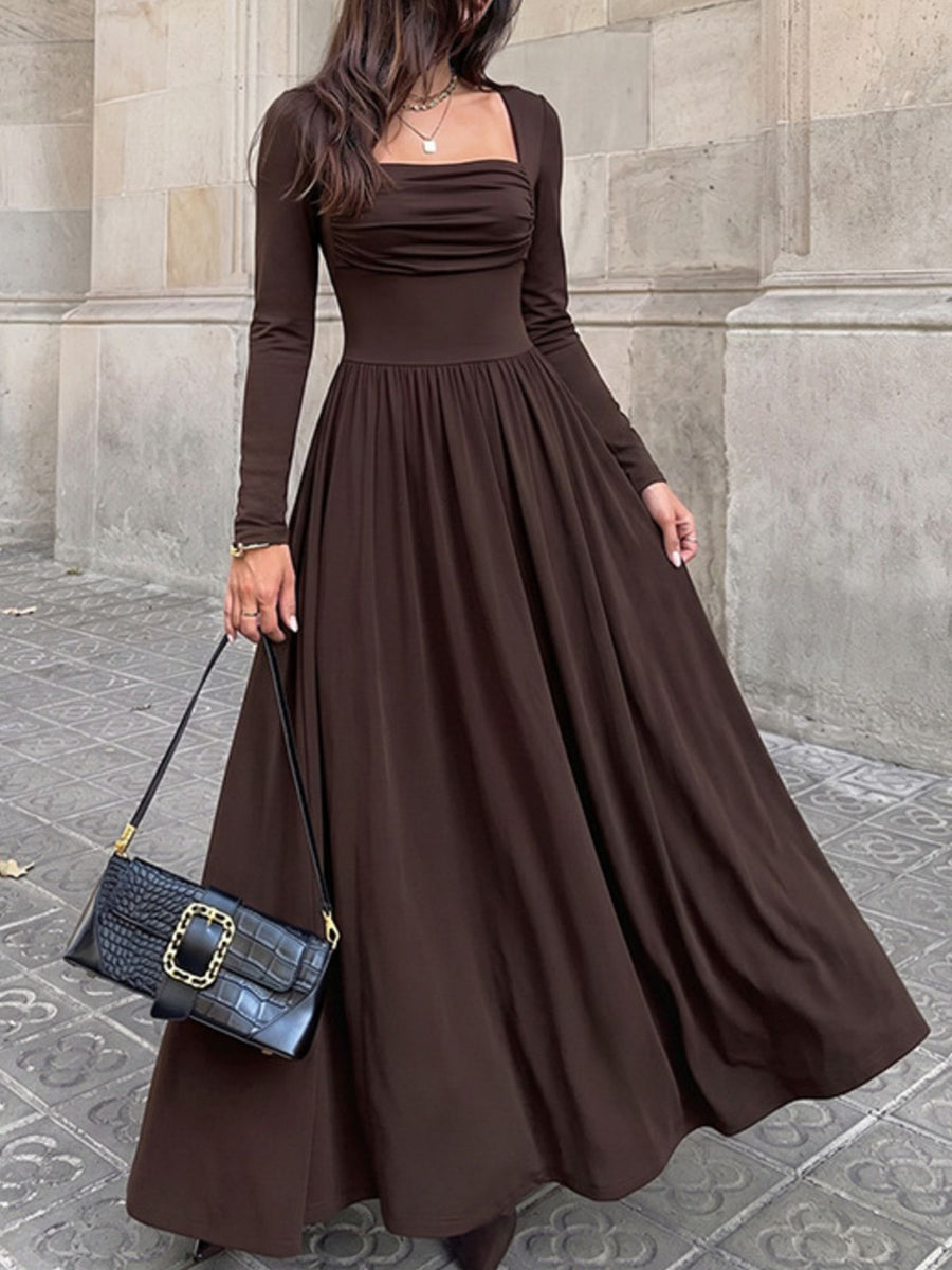 95% polyester, 5% elastane Care instructions: Machine wash cold maxi dress in dark brown with A-line silhouette