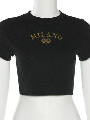 Black cropped t-shirt with crew neck and gold MILANO embroidery.