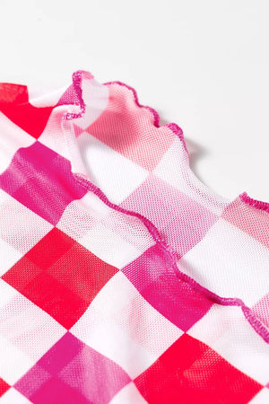 Hot Pink with Plaid Heart Mesh Sheer Long Sleeve Top in Hot Pink