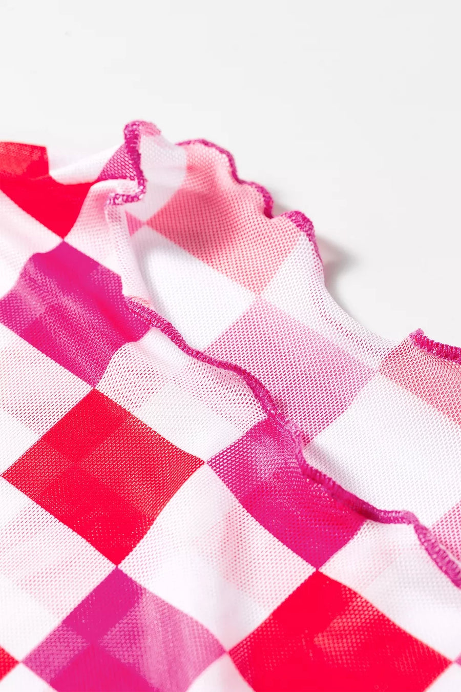 Hot Pink with Plaid Heart Mesh Sheer Long Sleeve Top in Hot Pink