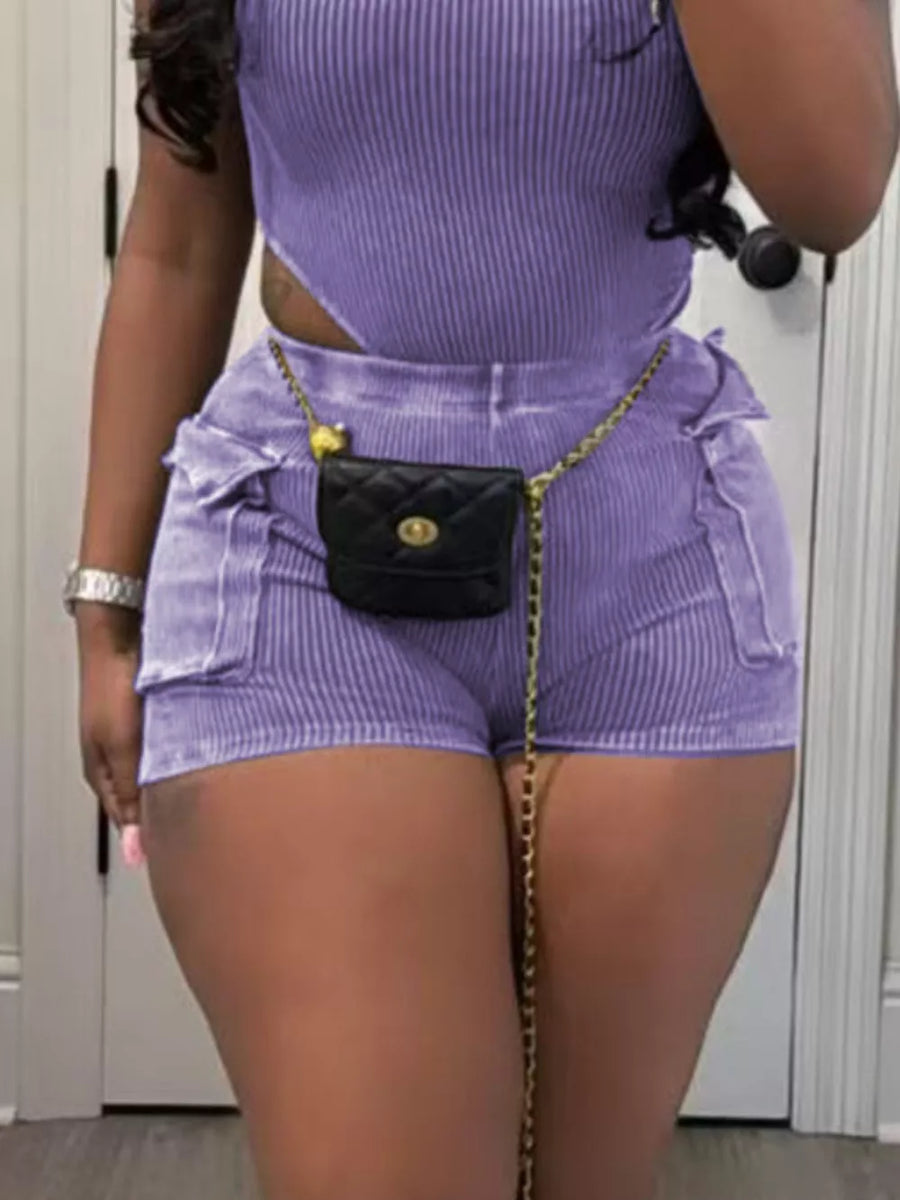 Purple ribbed crop top and pocket shorts set with chain belt detail