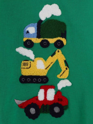 Kids' dark green sweatshirt with embroidered cartoon vehicles including a truck, excavator, and tractor.