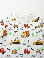 White cotton toddler tee with playful vehicle print, featuring trucks, cars, and construction vehicles.