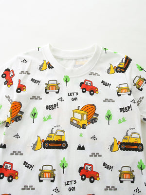 White cotton toddler tee with playful vehicle print, featuring trucks, cars, and construction vehicles.