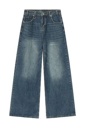 Oversized wash denim jeans in peacock blue with a wide leg.