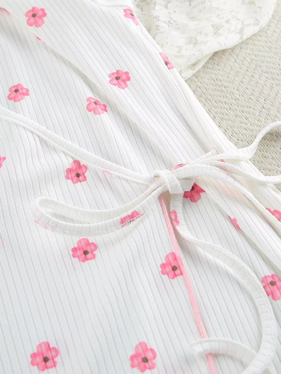 Floral Print Cami Dress And Cardigan Set in White with ruffled hem