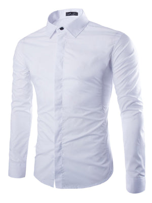 Men's white long sleeve button-up dress shirt with a pointed collar and one black button.