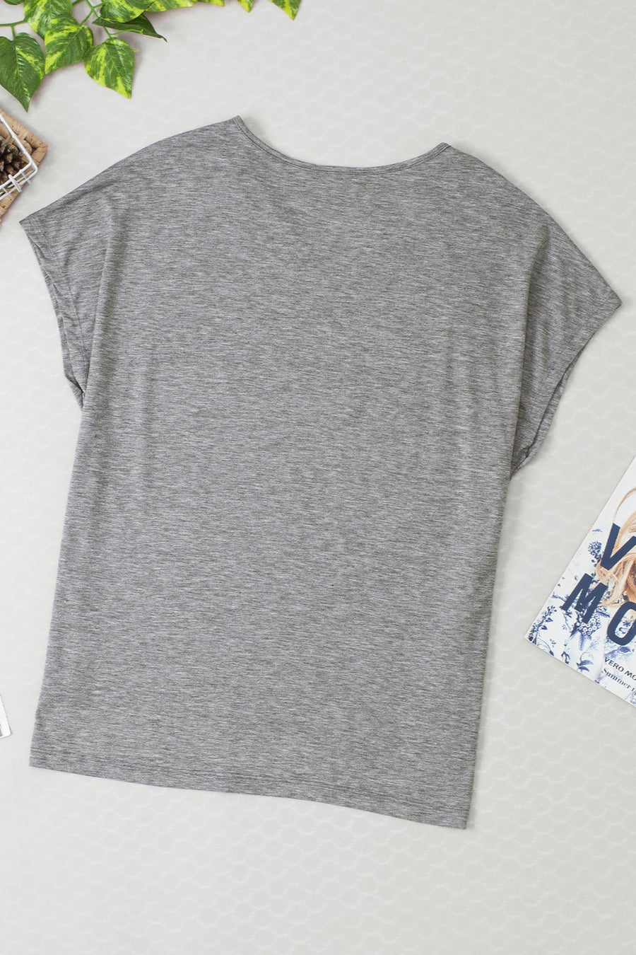 Dark Gray Lace-Inset Dolman Sleeve Tee with scoop neck and short sleeves.