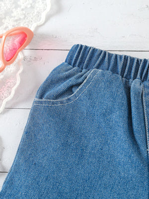 Blue denim shorts with elastic waistband and white stitching detail.