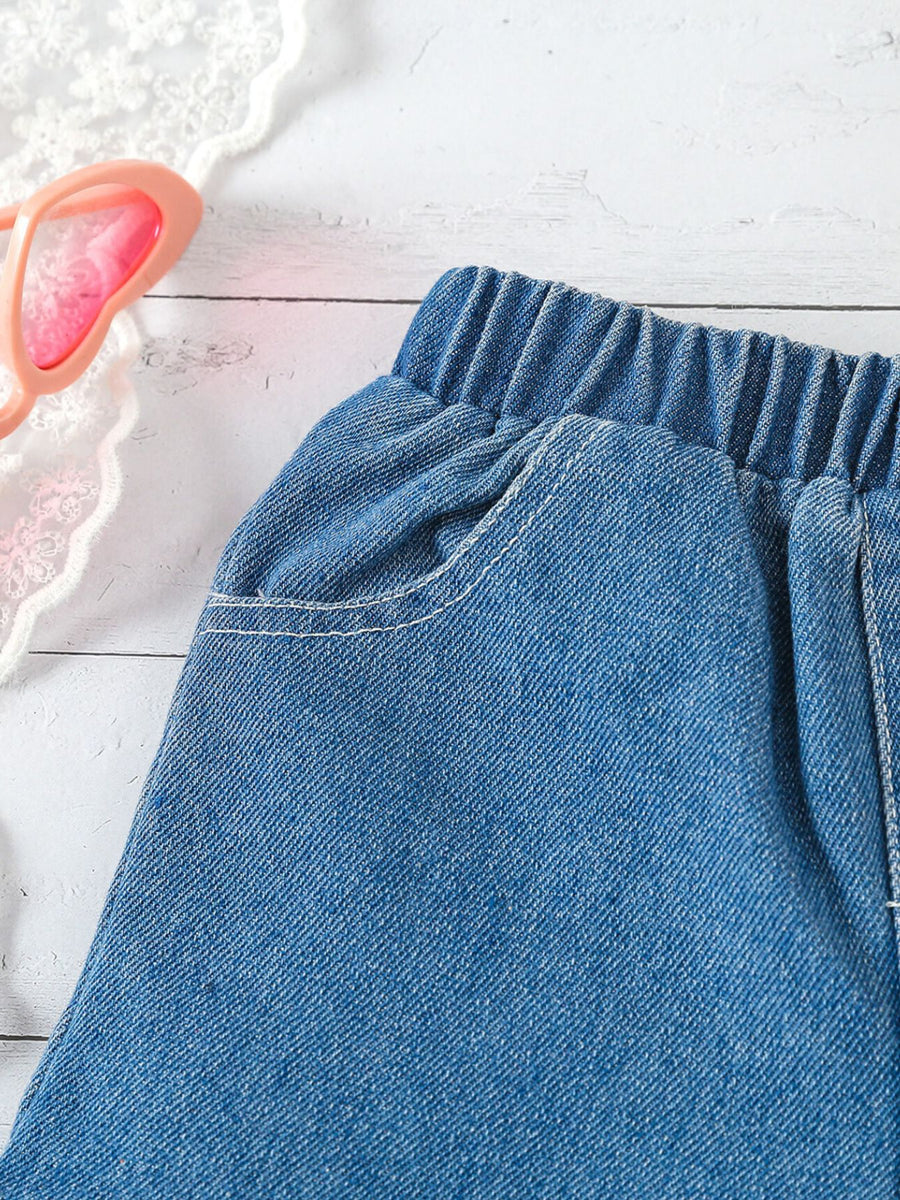 Blue denim shorts with elastic waistband and white stitching detail.