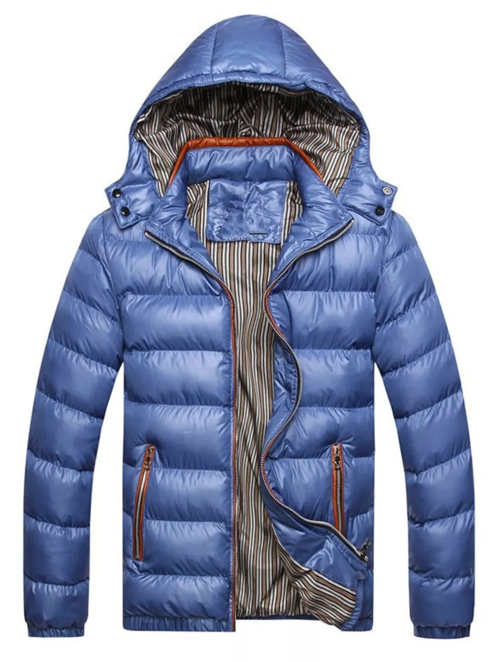 Blue hooded puffer jacket for men with striped lining and zip pockets