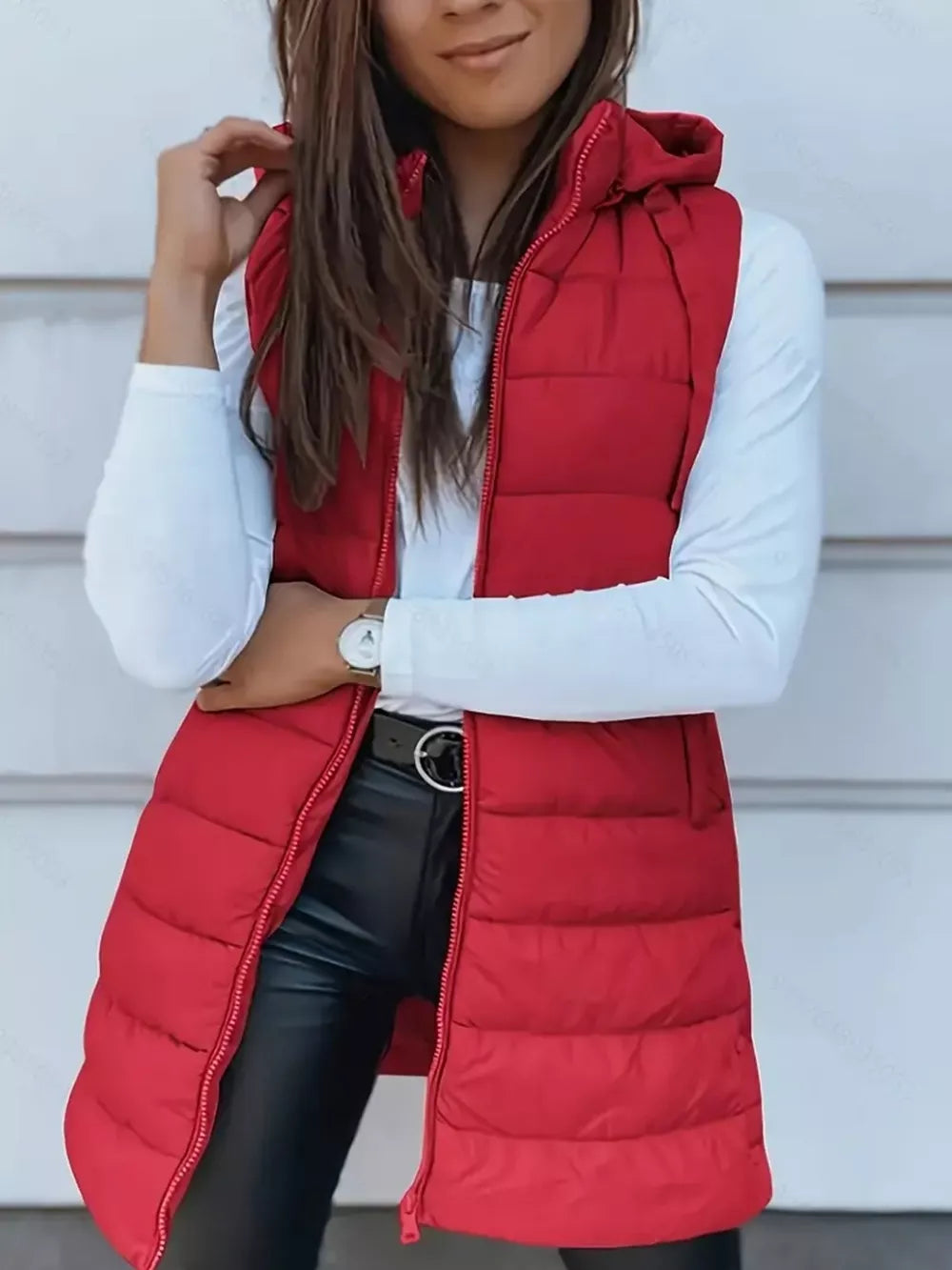 Green puffer vest with thigh-length and zip-front