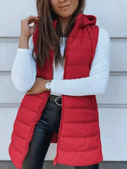 Green puffer vest with thigh-length and zip-front