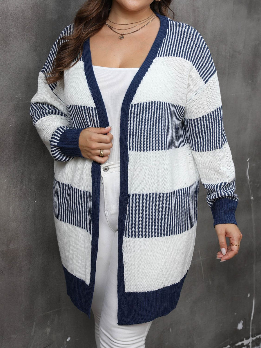 Striped open-front knit cardigan in dark navy and white, 100% acrylic, with a V-neck and long sleeves.