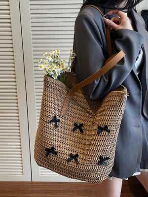 Woven Straw Bow Handbag in brown with woven
