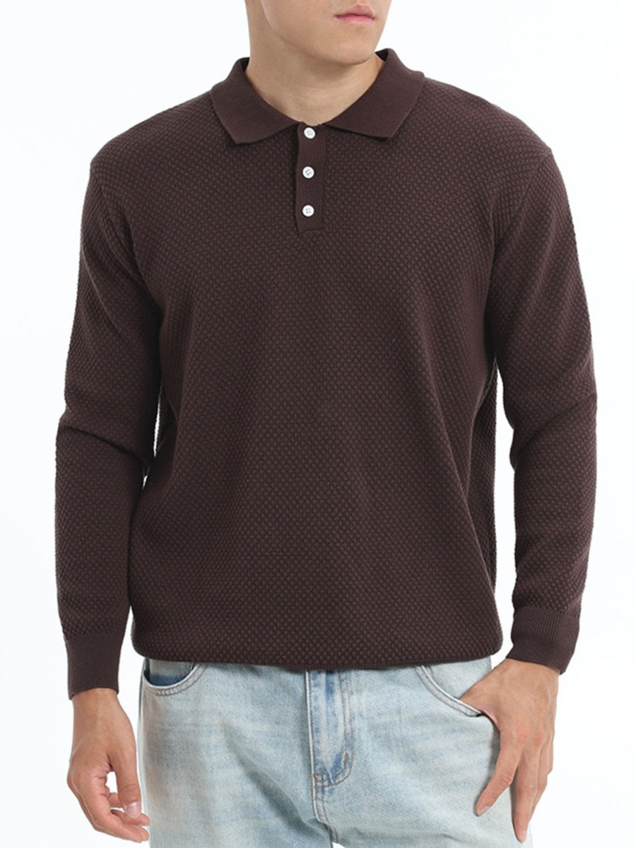 dark brown pullover sweater with geometric and collared
