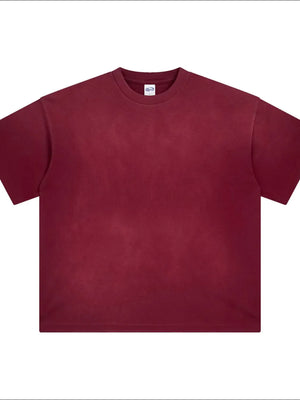Burgundy oversized washed tee with relaxed fit and crew neck.