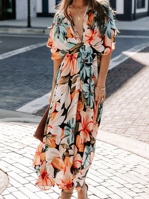 light blue maxi dress featuring slit and floral