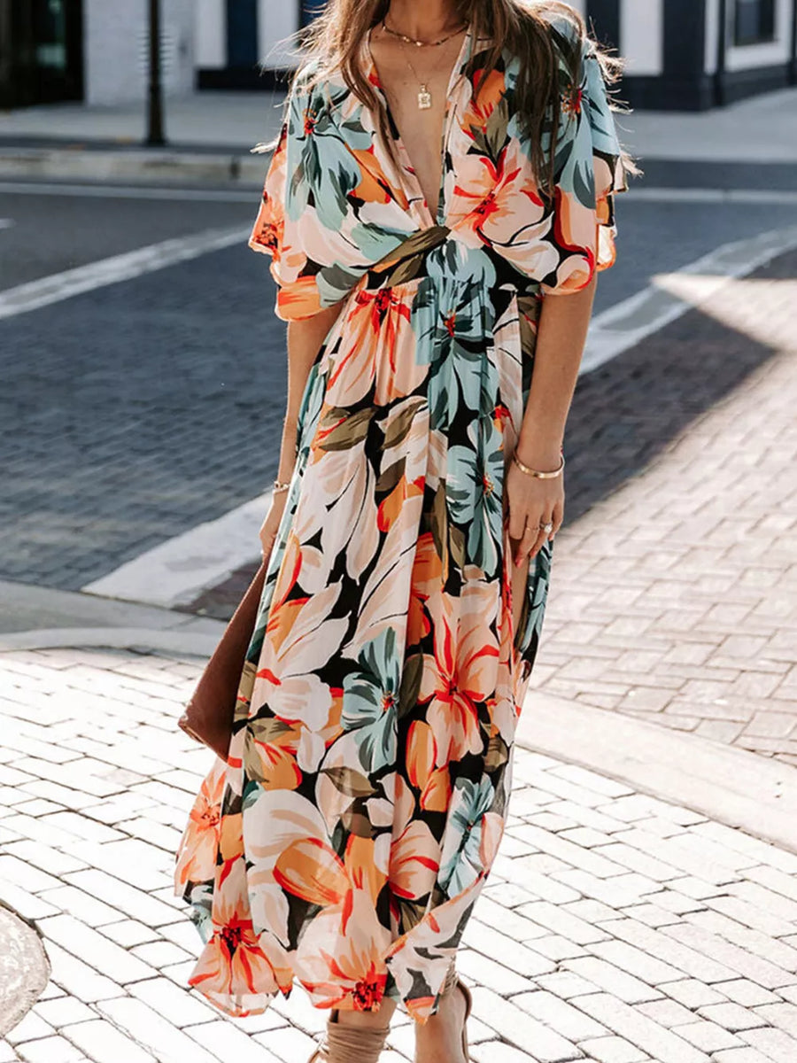 light blue maxi dress featuring slit and floral