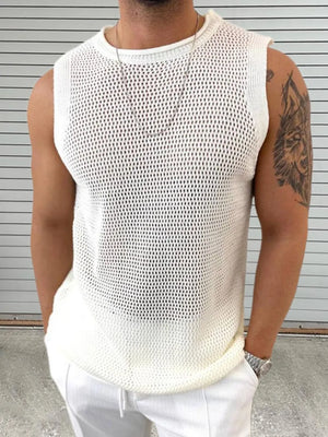White open-knit sleeveless crewneck tank top with a relaxed fit.