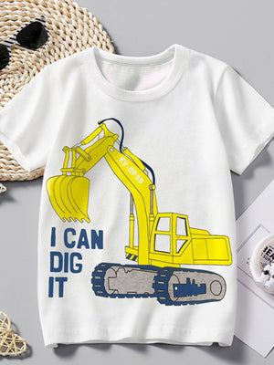 White cotton crew neck t-shirt with yellow excavator graphic and "I CAN DIG IT" text.