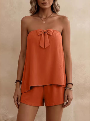 Orange bowknot tube top and shorts set with a relaxed fit.