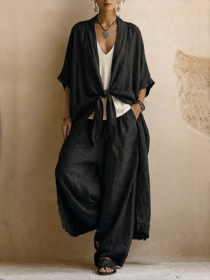 bohemian two-piece set in Olive Green with open-front