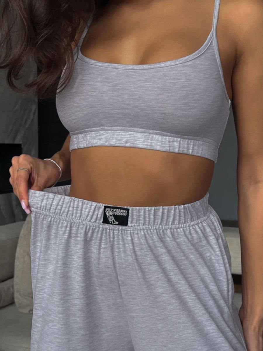 Light gray scoop neck cami and wide-leg pants set with elastic waistband