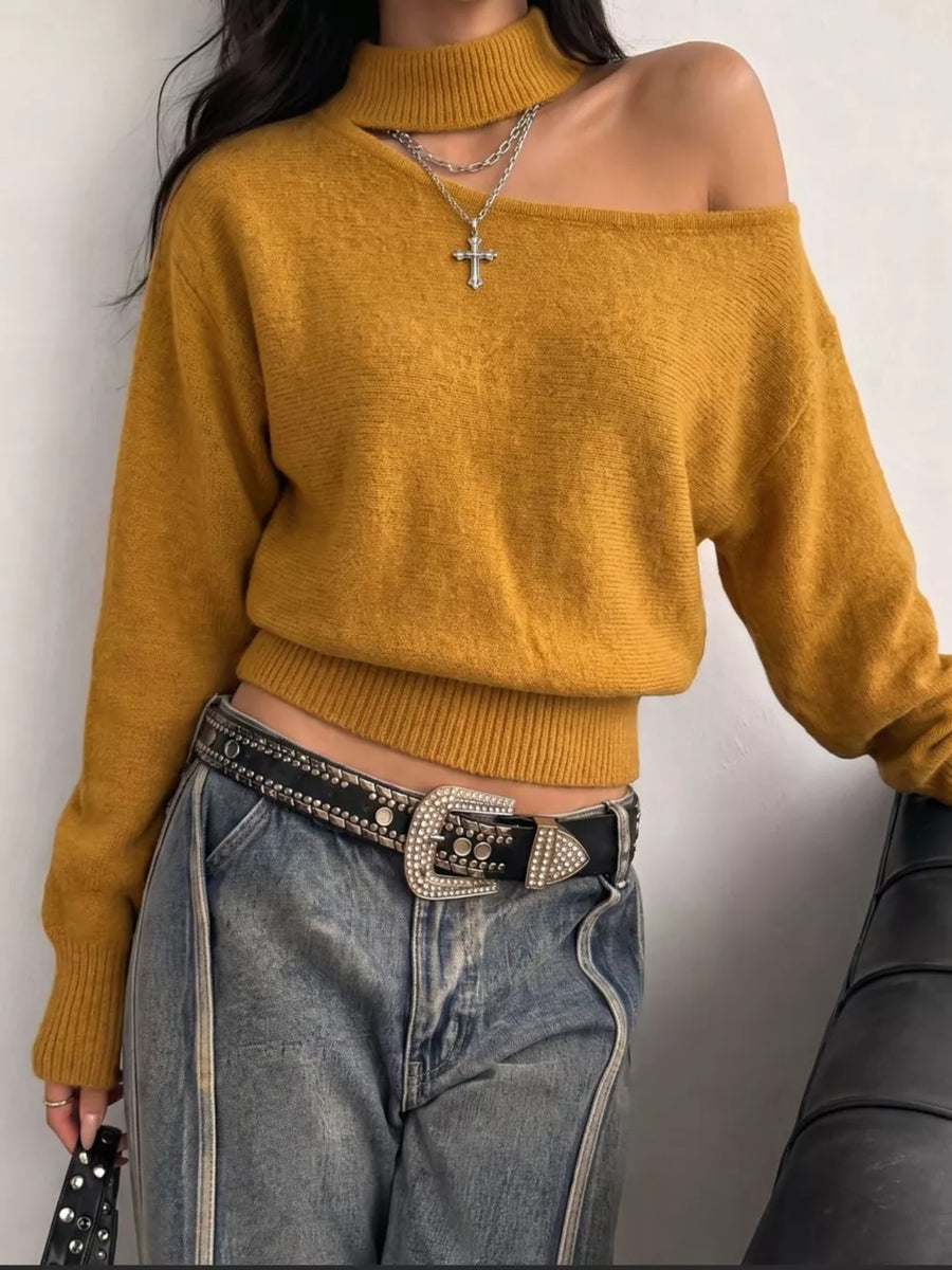 Mustard relaxed pullover sweater with mock neck with cutout