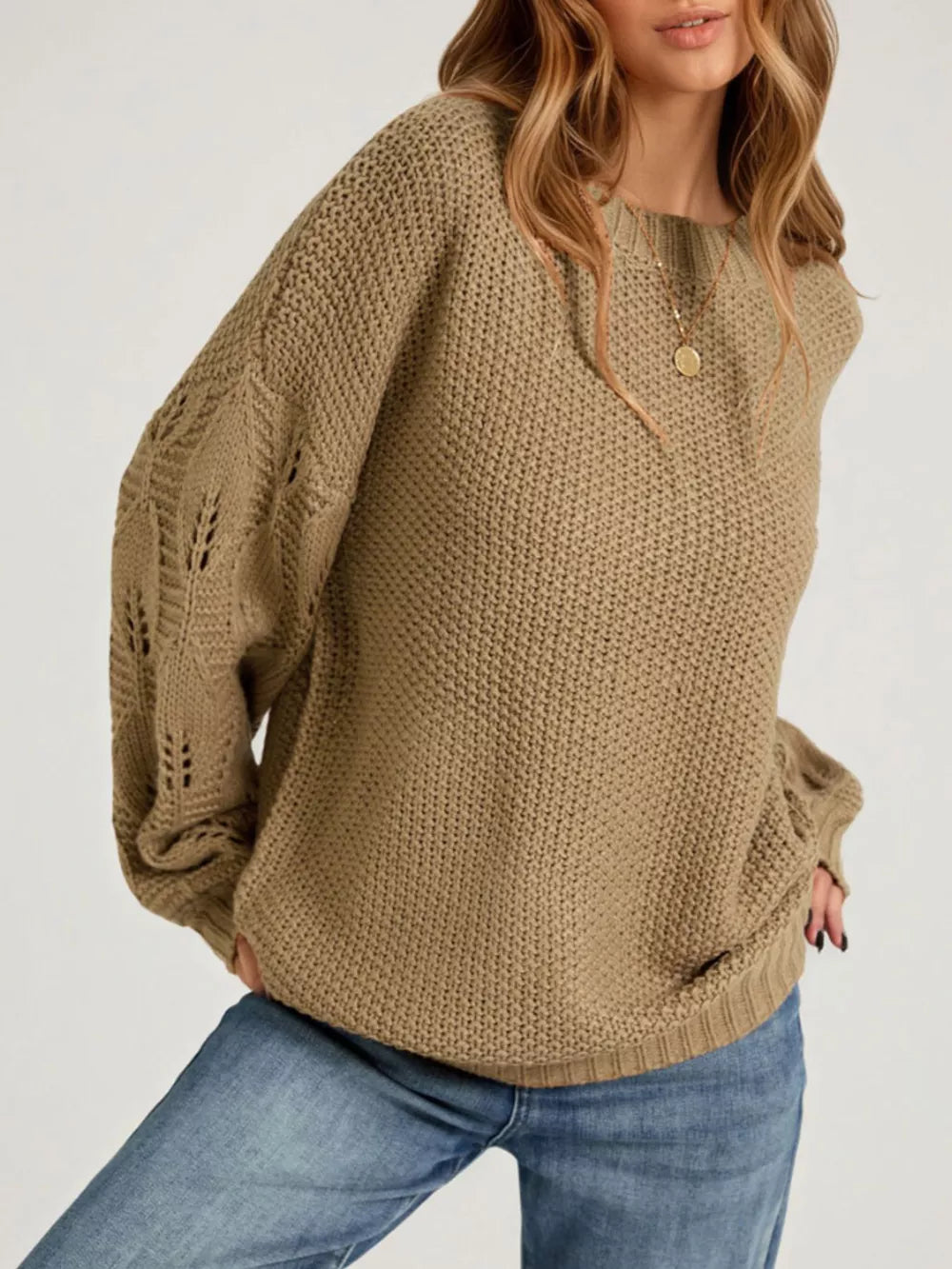 Khaki pullover sweater with hip-length and pullover
