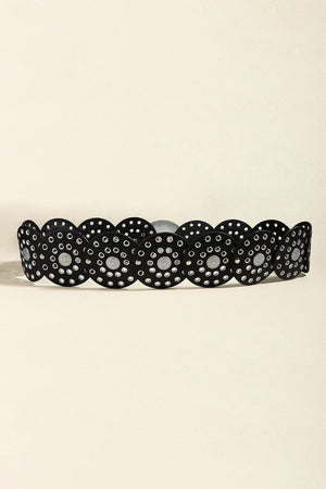 Black statement belt with silver disc embellishments and eyelet details.