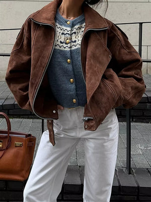 moto jacket in brown featuring zipper and oversized fit