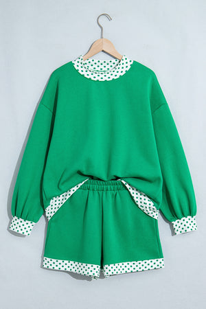 50% polyester, 50% cotton Care instructions: Machine wash cold lounge set in Green with relaxed silhouette