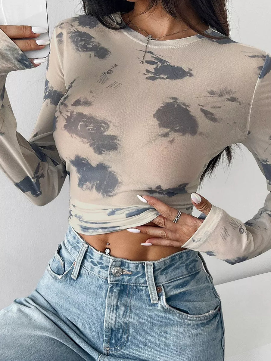 Beige with Sheer Cloud Print Long Sleeve T-shirt
