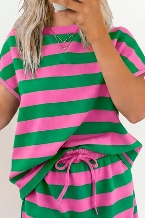 Pink and green striped cotton tee and drawstring skirt set