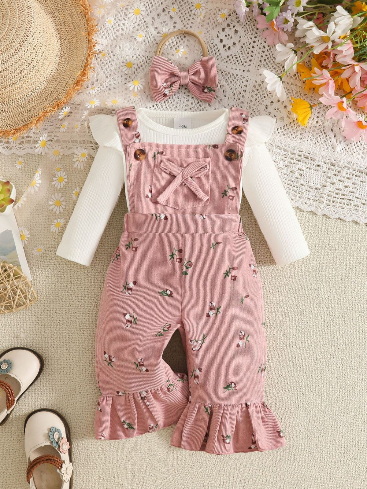 blush pink overalls with ditsy floral and round neck