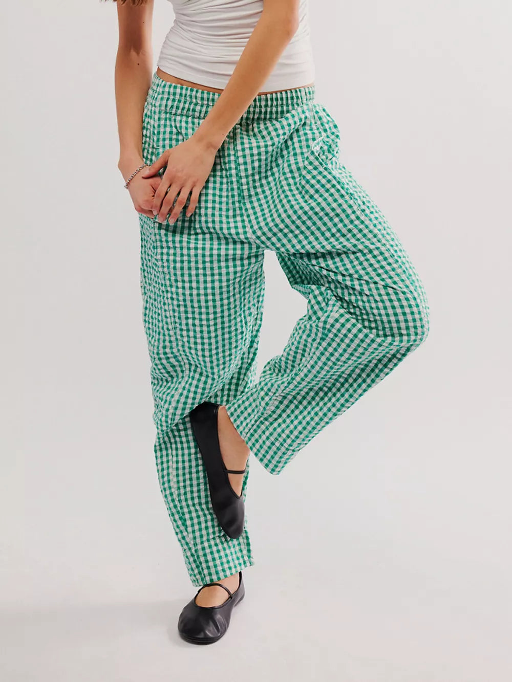 Green gingham check wide-leg pants with pockets