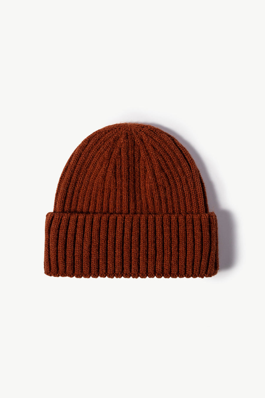 Brown chunky ribbed knit beanie with folded cuff