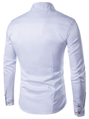 White button-down shirt with hip-length and button-front