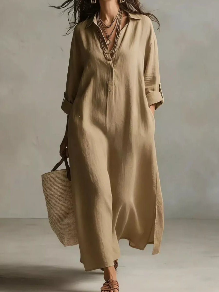Cream Full Size Casual Midi Shirt Dress Plus Size