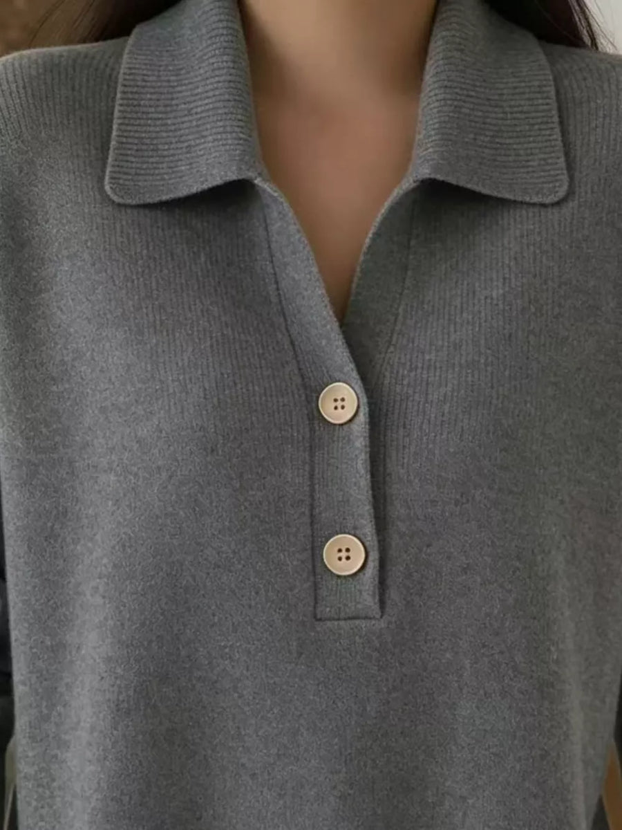 Gray Full Size Button Detail Long Sleeve Sweater