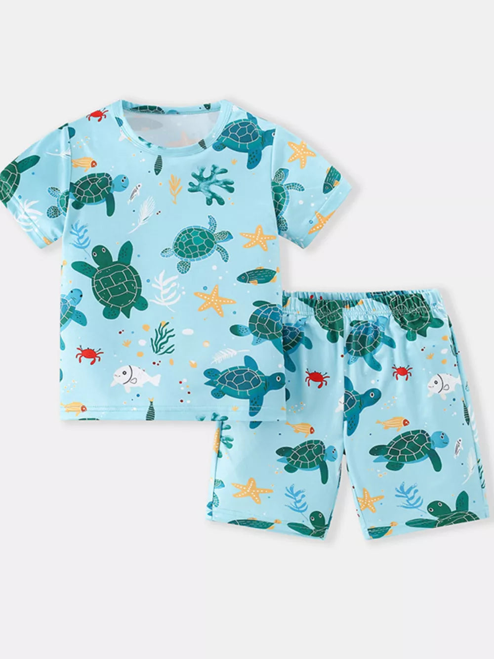 Light blue short sleeve pajama set with allover turtle and sea creature print.