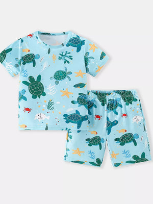 Light blue short sleeve pajama set with allover turtle and sea creature print.