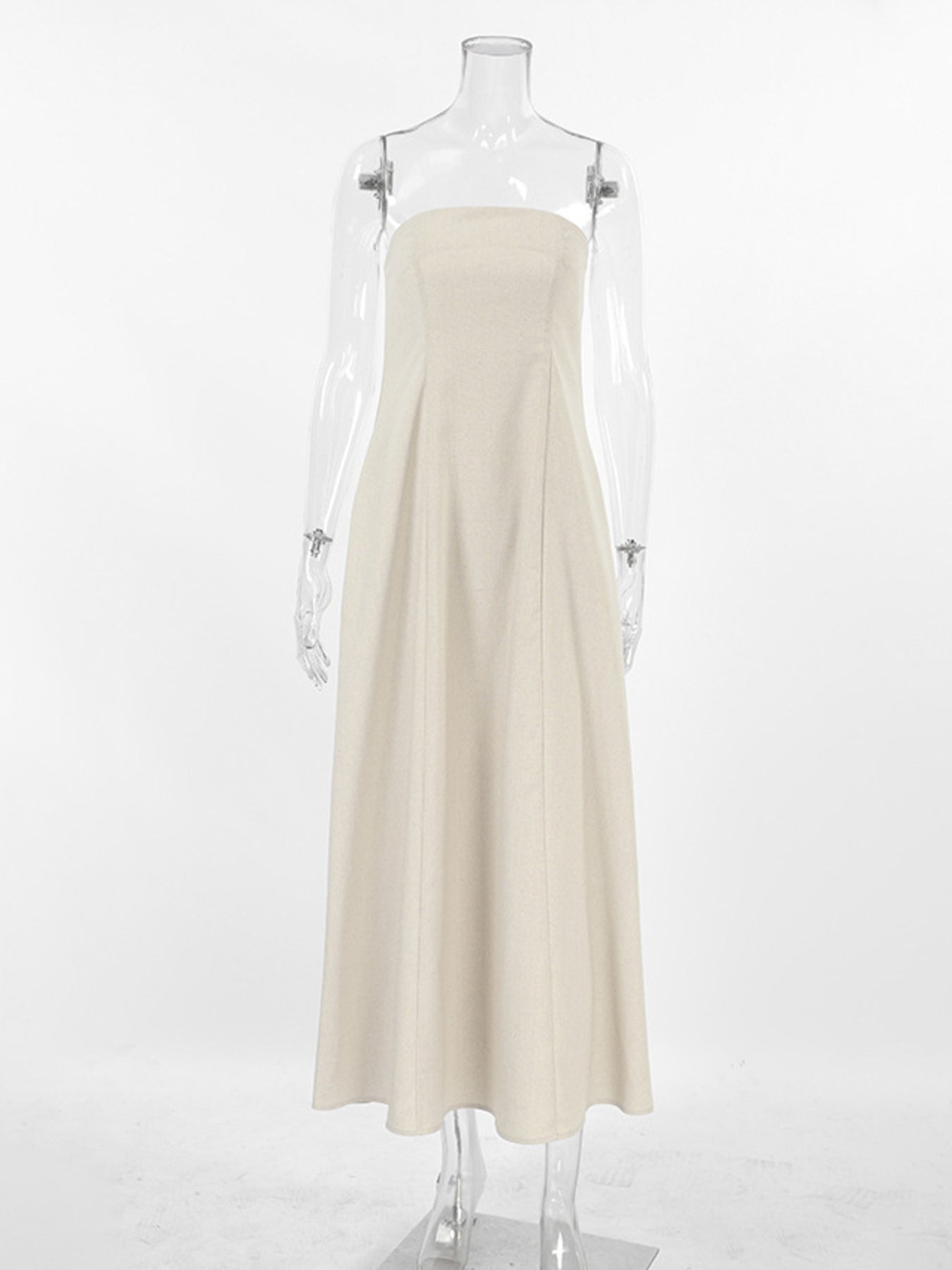 Beige smocked tube dress with zipper, a-line cut, cotton fabric