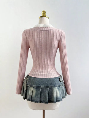 V-neck Lace Trim Ribbed Knit T-shirt option 15