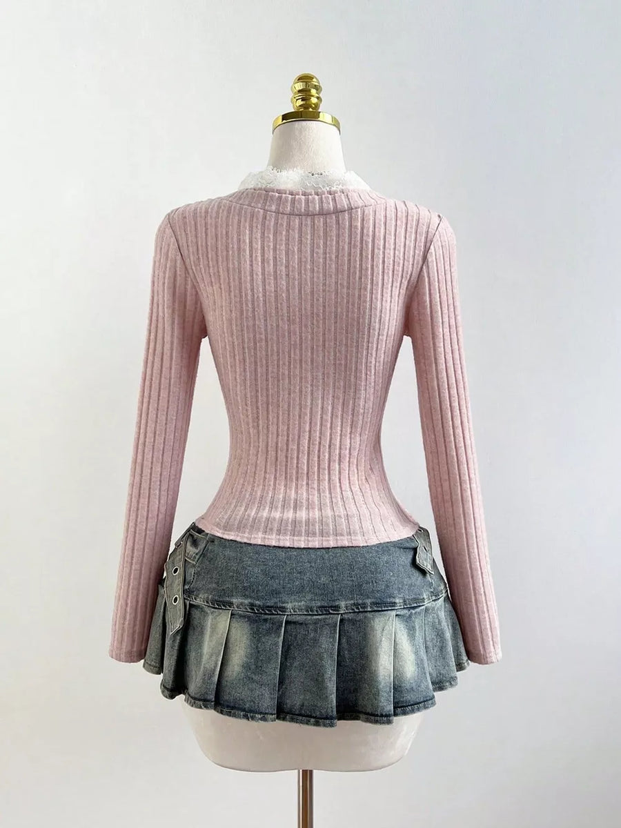 V-neck Lace Trim Ribbed Knit T-shirt option 15