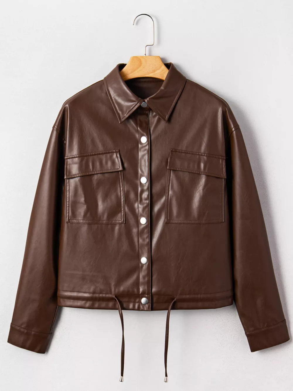 chocolate brown relaxed leather jacket with collared