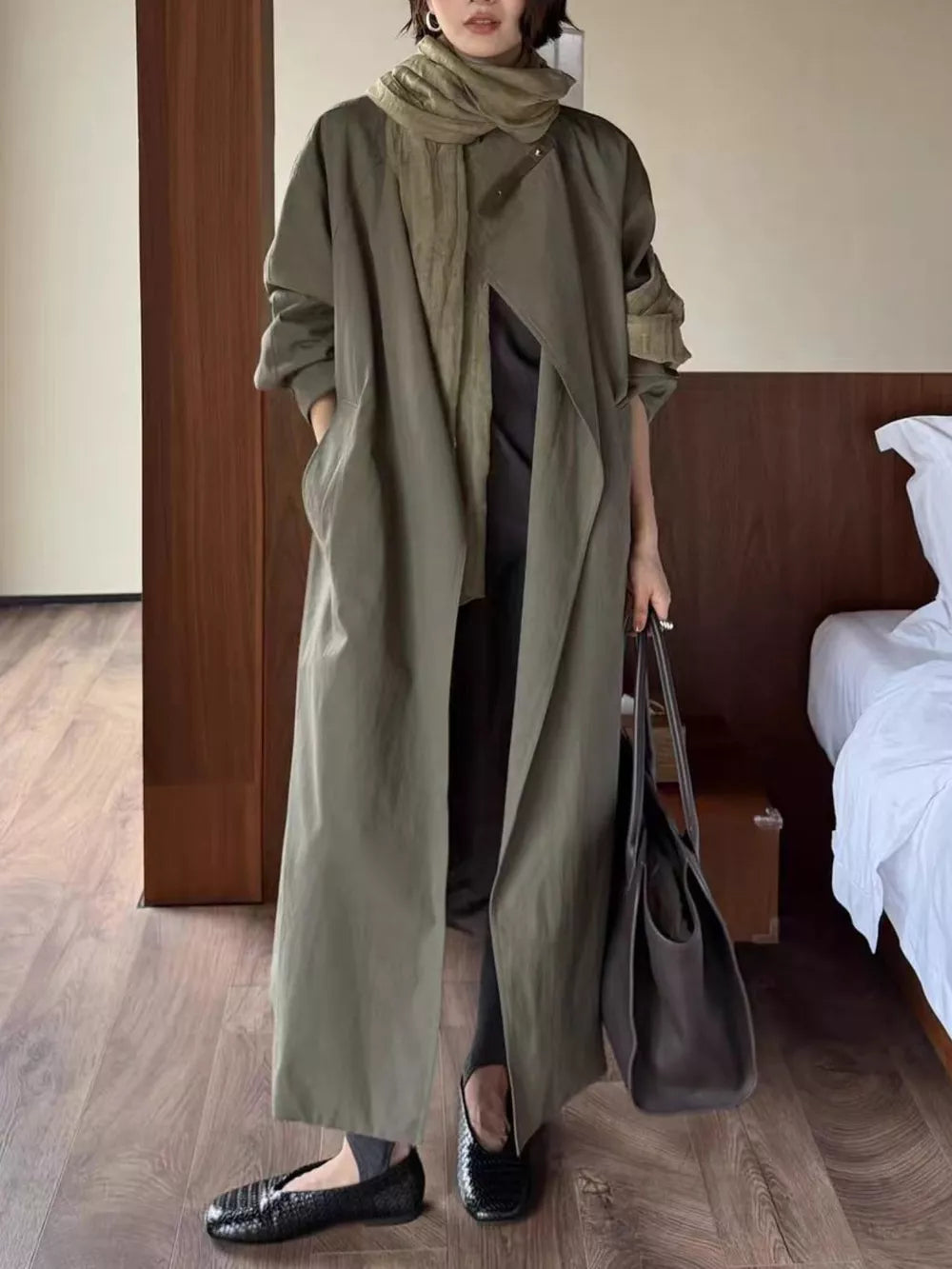 minimalist trench coat in sage green with collared